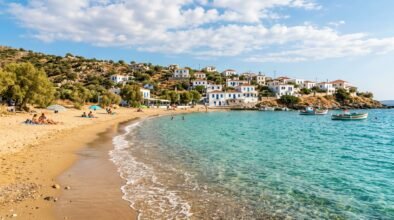 Beautiful sandy beach in Kiveri Greece with crystal clear turquoise water and golden sand