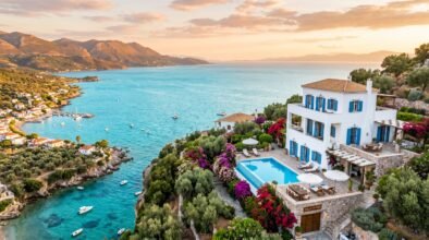 White Mediterranean villa with blue shutters overlooking a turquoise bay and sunlit mountains, a pool and terrace in the foreground.