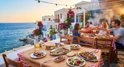 Group of friends toasting with drinks at an outdoor cliffside restaurant overlooking the sea at sunset by string lights and stone buildings nearby.