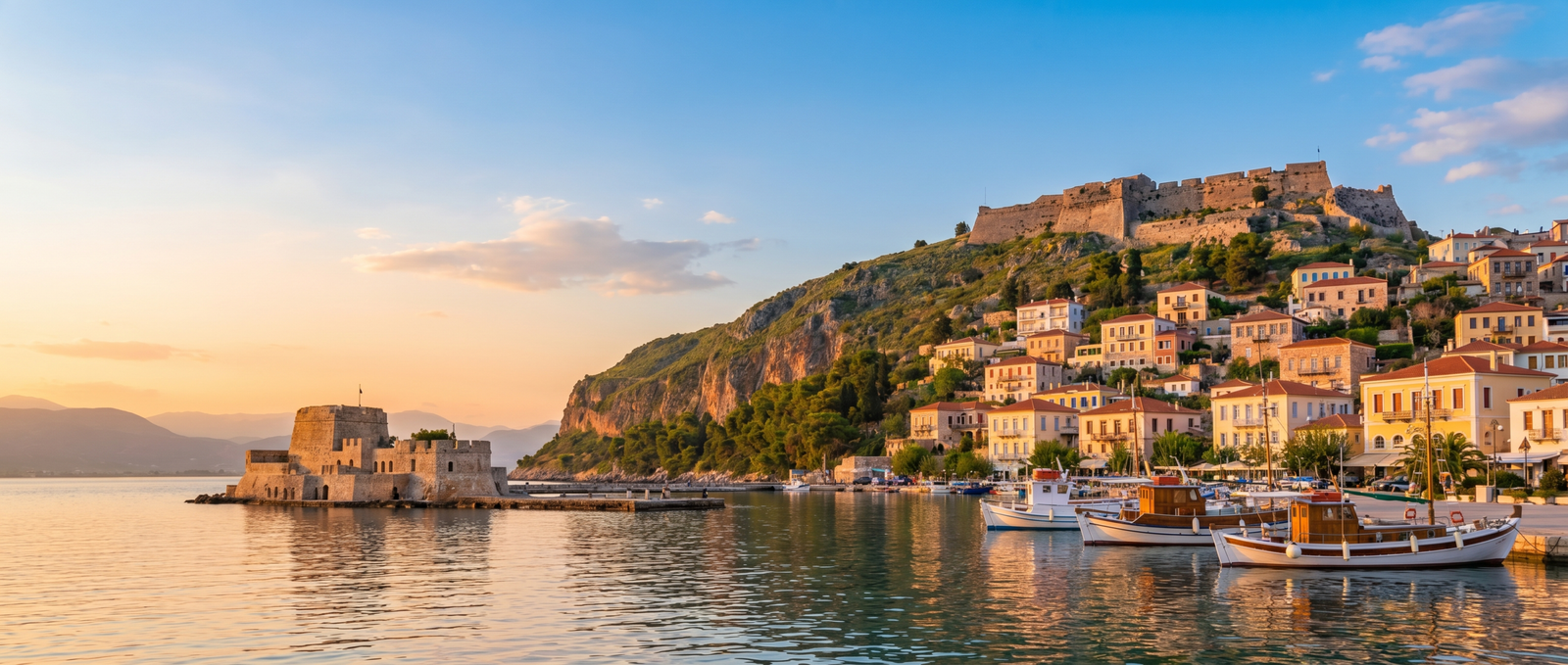 Sunset over a Mediterranean harbor: a stone fortress on a hillside overlooking pastel houses and moored boats by calm water on the shore point.